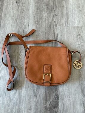 Michael Kors Brown Pebbled Leather Crossbody Saddle Bag with Gold Hardware